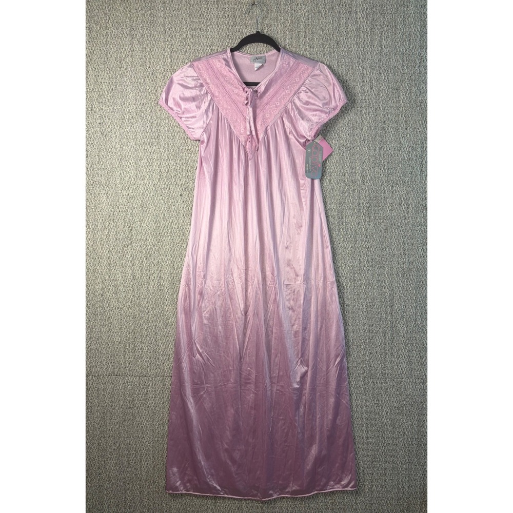 La Notte Pink Nylon Lace Trim Maxi Nightgown Vintage Short Sleeve Small
